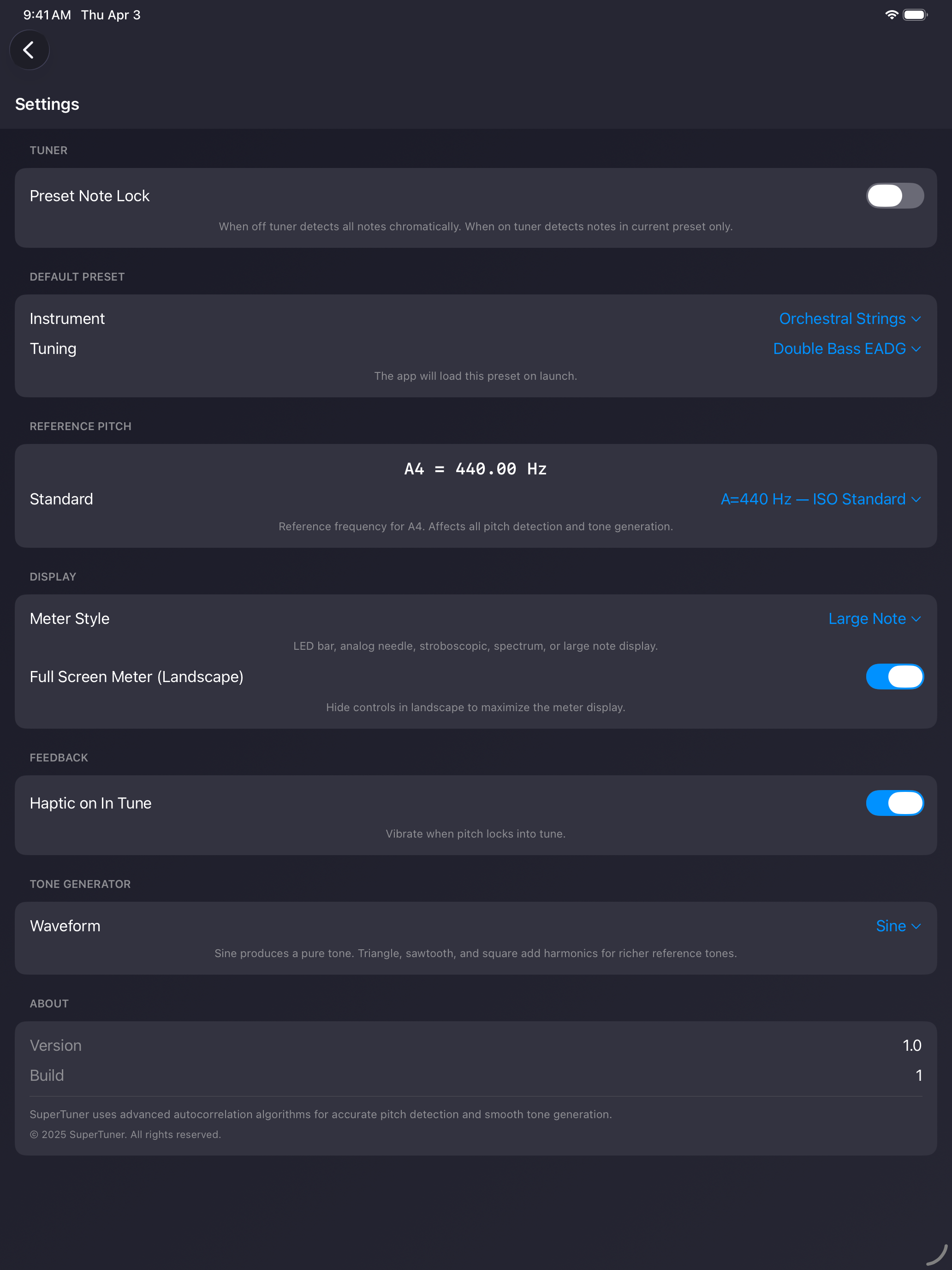 iPad — Settings screen