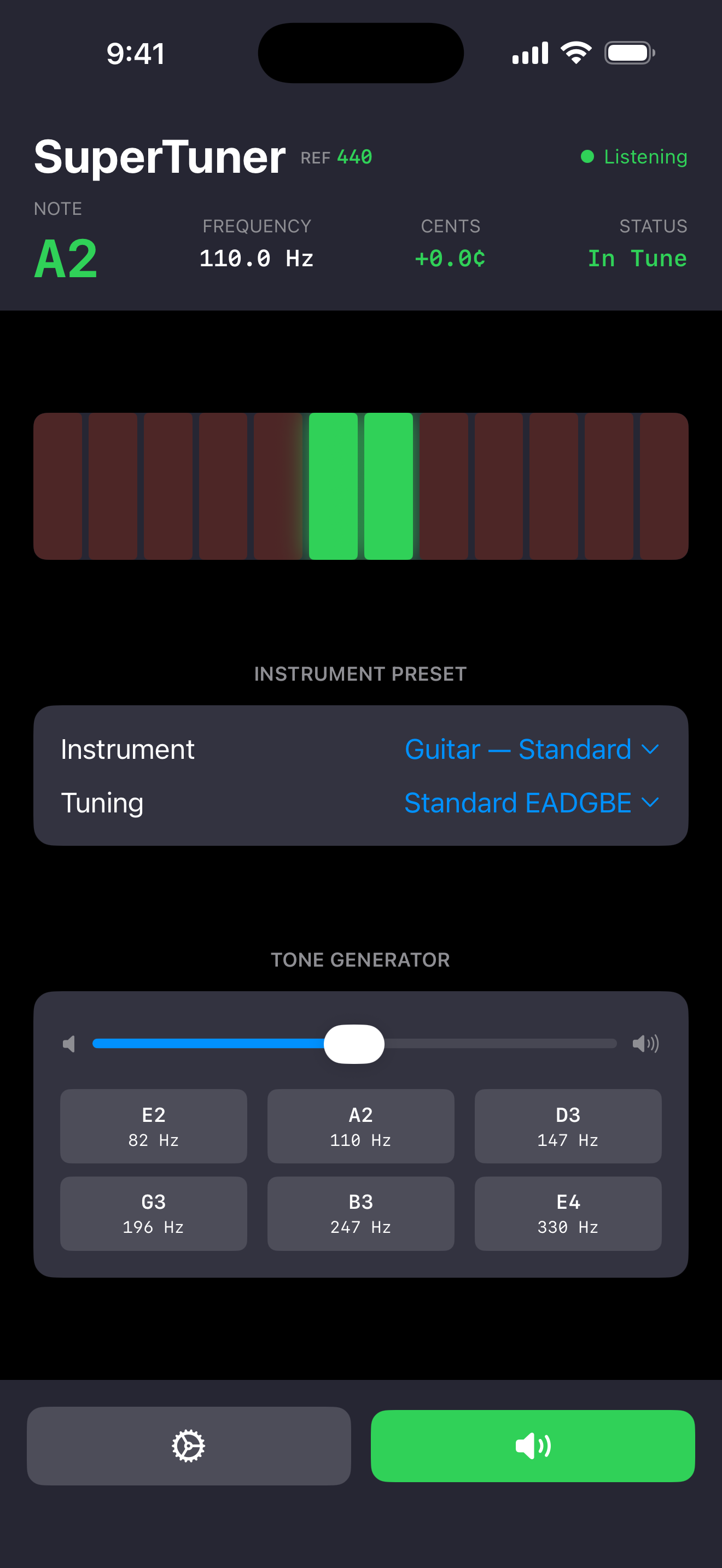 LED bar meter — Guitar, A2 at 110.0 Hz