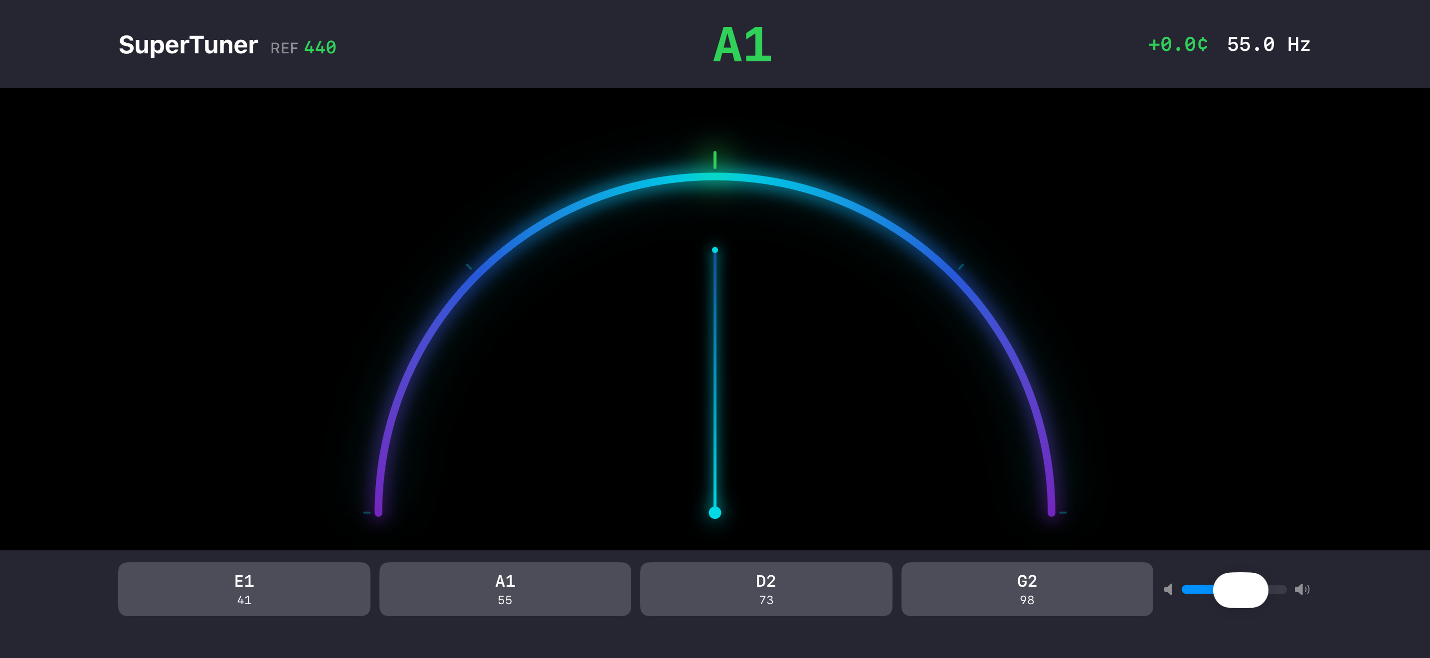 Needle gauge meter — full-screen landscape, Bass Guitar A1 at 55.0 Hz